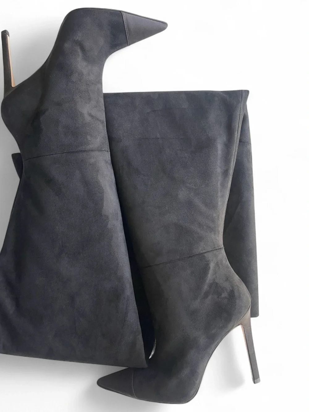 Good American Black Suede Over-the-Knee Pointed Stiletto Boots